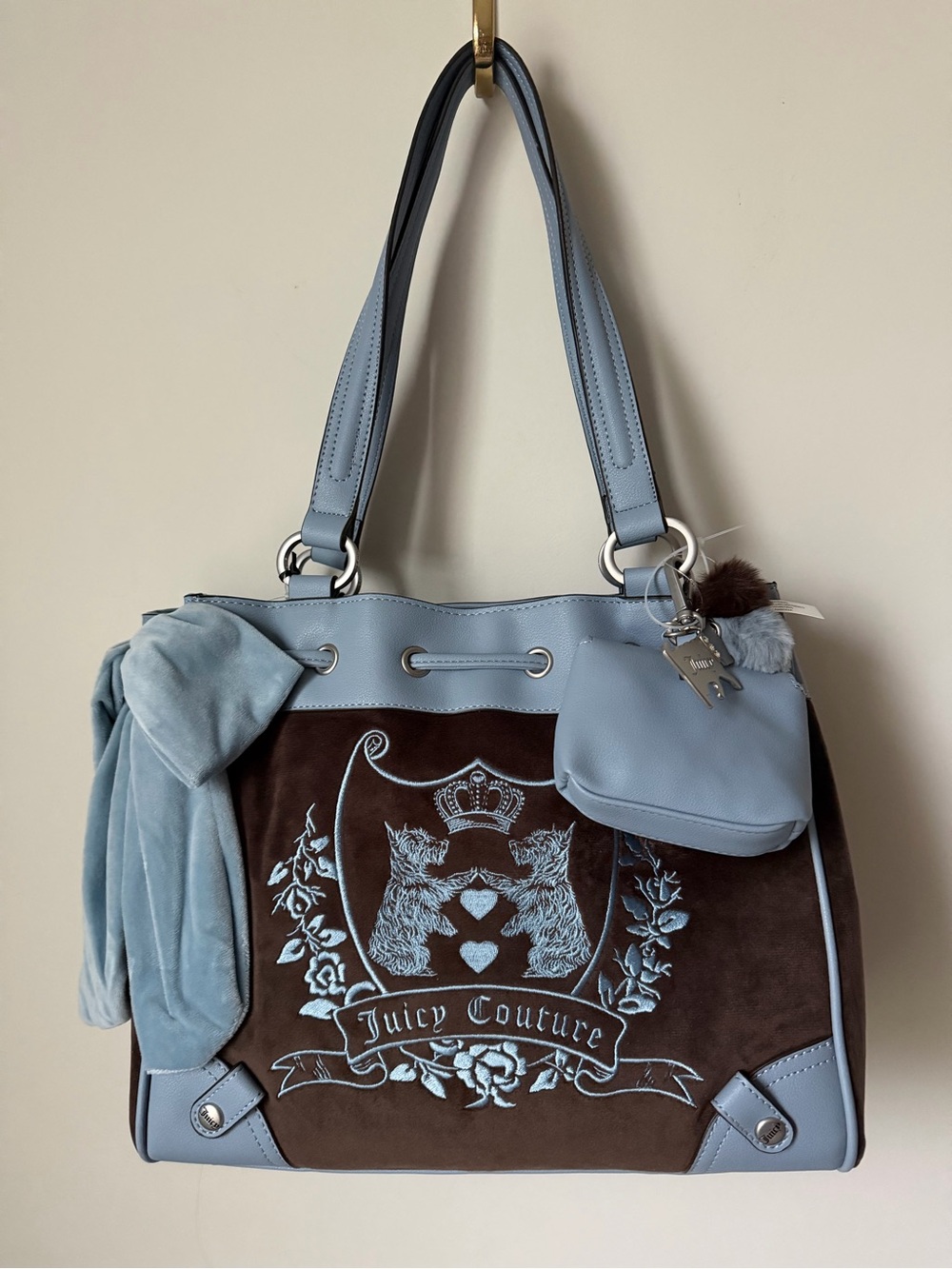 Juicy Couture Blue and Brown Embroidered scottie dog crest daydreamer Tote Bag